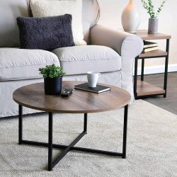 NEW KUNOVA (TM) Small Industrial Coffee Table Living Sitting Room, 60 CM Round Wood Look Accent Furniture with Vintage Wooden Board Metal Frame, Rustic Brown Easy Assembly