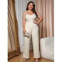 NEW 4XL SHEIN Belle Plus Size Short Sleeve Contrast Mesh Splice Jumpsuit With Sweetheart Neckline And Floral Print