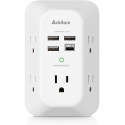 NEW Addtam USB Wall Charger Surge Protector 5 Outlet Extender with 4 USB Charging Ports (1 USB C Outlet) 3 Sided 1800J Power Strip Multi Plug Outlets Wall Adapter Spaced for Home Travel Office ETL Listed
