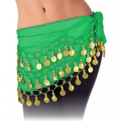NEW 1pc Green Belly Dance Hip Scarf for Women Chiffon Dangling Belly Dance Hip Skirt Scarf Wrap Belt with Gold Coins