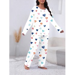 NEW Plus Size Valentine's Day Casual Pajamas Set, Women's Plus Colorful Heart Print Long Sleeve Top & Pants Lounge 2 Piece Set 3XL