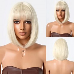 NEW Blonde Bob Wig with Air Bangs - Short Straight Synthetic Hair, Shoulder-Length Blunt Cut, Style for All Ethnicities, Hair Wig