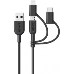 NEW Anker Powerline II 3-in-1 Cable, Lightning/Type C/Micro USB Cable for iPhone, iPad, Huawei, HTC, LG, Samsung Galaxy, Sony Xperia, Android Smartphones, iPad Pro 2018 and More(3ft, Black)
