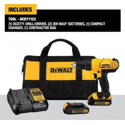 NEW DEWALT 20V MAX Cordless Drill/Driver Kit, Compact Drill with LED Light, with 2 Batteries and Charger (DCD771C2)