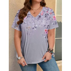 NEW 2XL EMERY ROSE Casual Elegant Floral Pattern Plus Size Women V-Neck Short Sleeve T-Shir