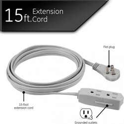 NEW GE Indoor Office Extension Cord, Extra Long 15ft Power Cable, 3 Grounded Outlets, 3 Prong, Low-Profile Right Angle Flat
