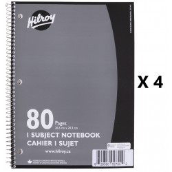 4 NEW Hilroy 1 Subject Coil Notebooks - 80 PAGES/NOTEBOOK