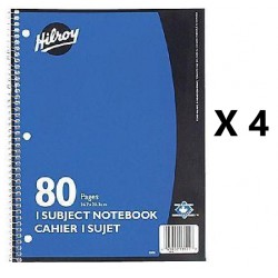 4 NEW Hilroy 1 Subject Coil Notebooks - 80 PAGES/NOTEBOOK
