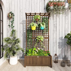 NEW Outsunny Wood Planter with Trellis for Vine Climbing, Raised Garden Bed, Privacy Screen for Backyard, Patio, Deck, Coffee