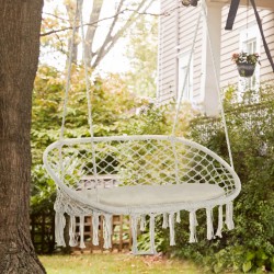 NEW Outsunny Patio Hammock Chair 2 Seat, Hanging Rope Hammock Swing Chair with Metal Frame and Cushion, Large Macrame Seat for Indoor and Outdoor 396 lbs Capacity, Cream White