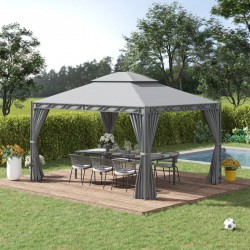 NEW Outsunny 10'x13' Soft-top Patio Gazebo Double-Tiered covered Steel Gazebo with Curtain, Grey
