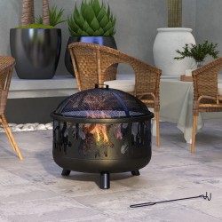 NEW Outsunny Outdoor Metal Fire Pit, 24 Round Firepit Bowl w/ Lid Grill Poker Handles for Garden, Camping, BBQ, Bonfire, Black