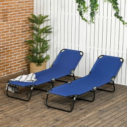 NEW Outsunny Set of 2 Folding Outdoor Lounge Chair, Sun Tanning Chairs with Reclining Back, Breathable Mesh for Beach Patio, Blue
