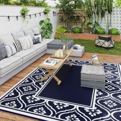 NEW Outsunny 8' x 10' Outdoor RV Rug, Reversible Patio Floor Mat with Carry Bag, Gourd Border, Blue and White