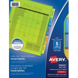 NEW Avery Big Tab Insertable Plastic Dividers for Laser and Inkjet Printers, for Use with 8.5 X 11, 5 Tabs, Multi-Colour, 1 Set, (11900)