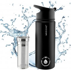 NEW GROSCHE Chicago Steel 16 oz Stainless Steel water bottle (Black) with Jumbo Infuser. Vacuum Insulated Infuser water bottle flask. For sports, yoga, tea, hydration. Snap lid.