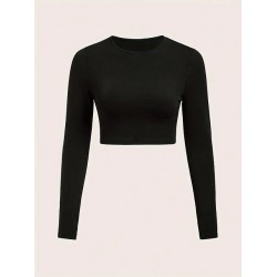 NEW XS Women's Slim-Fit Long Sleeve Crop Top - Solid Color Black Textured Shirt, Round Neck All-Season Layering Essential, Machine Washable & Wrinkle-Resistant for Casual or Formal Outfits, Crop Top Blouse
