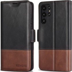 NEW KEZiHOME Galaxy S22 Ultra Case, Genuine Leather [RFID Blocking] Samsung S22 Ultra 5G Wallet Case Card Slot Flip Magnetic Stand Phone Case Compatible with Samsung Galaxy S22 Ultra (2022) (Black/Brown)