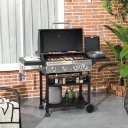 NEW Outsunny 40,000 BTU Propane Gas Grill BBQ Cart with 4 Main Burners, 1 Side Burner, with Warming Rack, Side Prep Tables, Black