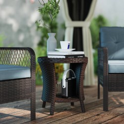 NEW  Outsunny 18 Wicker Outdoor Coffee Table, PE Rattan Patio Side Table with 2-Tier Storage, Composite Wood Top, Brown