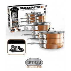 NEW Gotham Steel Stackmaster Pots & Pans Set | Space Saving 15 Piece Stackable Nonstick Cookware Set, Includes Frying Pans, Skillets, Saucepans Stock Pots + 5 Utensils | Induction, Oven & Dishwasher Safe