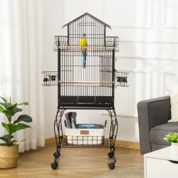 NEW PawHut 53.9'' Large Rolling Steel Bird Cage Bird House with Detachable Rolling Stand, Storage Shelf, Wood Perch, Food Container, Black