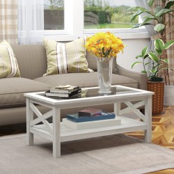 NEW HOMCOM Farmhouse Coffee Table with Tempered Glass Table Top, 2-tier Center Table with Bottom Storage Shelf for Living Room, Bedroom