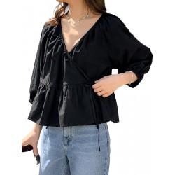 NEW LARGE Womens Blouse Tie Side Bishop Sleeve Wrap Peplum Blouse V Neck Ruffle Hem Casual Casual Shirt Fashion Tops