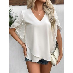 NEW 1XL SHEIN Clasi Ladies' Summer Loose Fit Mesh Petals Short Sleeve Blouse With V-Neckline And Asymmetrical Hem