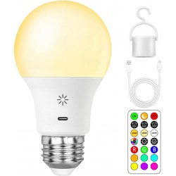 NEW USB Rechargeable Light Bulb with Remote Control, 8W Smart RGB Color Changing Bulb, 9+3 Color Temperature E26 LED Dimmable Touch Control Bulbs with Timing Function, 2600mah Battery Powered A19,1 Pack