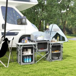NEW Outsunny Aluminum Camping Kitchen, Portable Folding Camping Table with Fabric Cupboards, Windshield, Bag for BBQ, Picnic, Grey