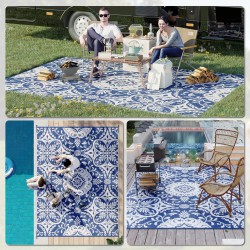 NEW Outsunny Portable Outdoor Rug with Carry Bag, 9' x 12' Reversible Mat, Waterproof Plastic Straw RV Rug for Backyard, Deck, Picnic, Beach, Camping, Blue & White Flower