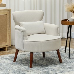 NEW HOMCOM Modern Accent Chair, Upholstered Armchair with Solid Wood Legs and Lumbar Pillow for Living Room, Cream White
