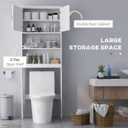 NEW kleankin Modern Over The Toilet Storage, Bathroom Cabinets Over Toilet with Open Shelves and Double Door Cabinet, White