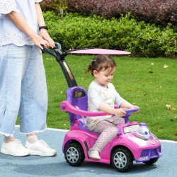 NEW Qaba 3 in 1 Kids Push Car Toddler Sliding Car, Foot to Floor Design with Music, Light, Handle, Removable Canopy, Pink