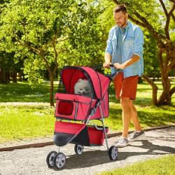 NEW PawHut 3 Wheels Foldable Dog Stroller with Storage Basket, Adjustable Canopy, Cupholder for Miniature and Small Dogs, Red