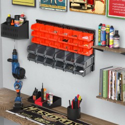 NEW DURHAND Wall Mounted Storage Bin Rack Tool Organizer with 30 Bins, Pegboard for Garage Workshops Red