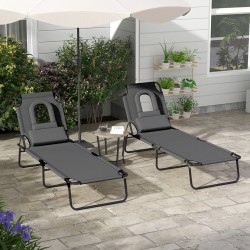 NEW Outsunny 2PCS Adjustable Outdoor Lounge Chair, Garden Folding Chaise Lounge with Face Hole Reclining Tanning Chair Seat, Folding Camping Beach Lounging Bed w/ Head Support Grey