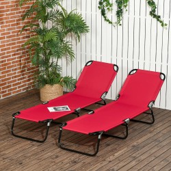 NEW Outsunny Set of 2 Folding Outdoor Lounge Chair, Sun Tanning Chairs with Reclining Back, Breathable Mesh for Beach Patio, Red
