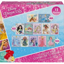 NEW Disney Princess, 12-Puzzle Pack 48-Piece 63-Piece 100-Piece Jigsaw Puzzles for Kids Ariel Moana Cinderella Jasmine, for Preschoolers Ages 4 and up
