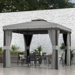 NEW Outsunny 10' x 10' 2-Tier Outdoor Gazebo Canopy Tent with Zippered Mesh Sidewalls, Aluminum Frame for Patio, Backyard Light Grey