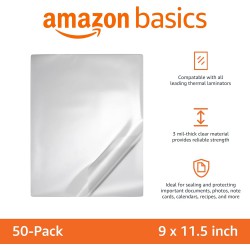 NEW Amazon Basics Clear Thermal Laminating Plastic Paper Laminator Sheets, 9 x 11.5-Inch, 50-Pack, 3mil
