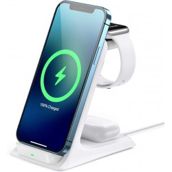 NEW Wireless Charging Station 15W, AGPTEK 3 in 1 Wireless Charger Stand Fast Charging Dock for Apple Watch SE 6 5 4 3 2, Airpods Pro, iPhone 12/11/11 Pro/X/Xr/Xs/8 Plus, Qi-Certified Phones,White