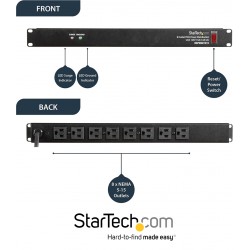 NEW StarTech.com 8 Outlet Horizontal 1U Rack Mount PDU Power Strip for Network Server Racks - Surge Protection - 120V/15A - w/ 6ft Power Cord (RKPW081915)