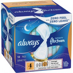 NEW Size 4 Always Infinity FlexFoam Pads for Women Size 4 Overnight Absorbency, 13 Count