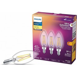 NEW Philips Ultra Definition LED 40W Chandelier CanBase Soft White Warm Glow Glass Clear 3-Pack LED Light Bulb