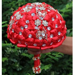 NEW Sharebeauty 9.4 Inch Handmade Satin Rose Bridal Bouquet Toss Round Wedding Bouquet Throw Toss Artificial Flower Bunch Red