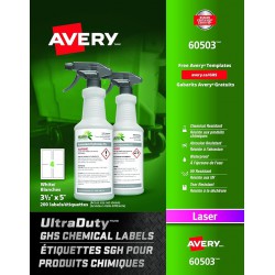 NEW Avery UltraDuty GHS Chemical Labels, 3-1/2 x 5, for Laser Printer, Permanent White, Rectangle, 200 Waterproof & UV Resistant Labels, (60503)