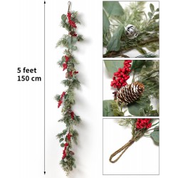 NEW LOHASBEE Artificial Christmas Garland, 5 FT/150 cm Pine Cone Eucalyptus Garland with Red Berries, Bells & Greenery Glitter for Christmas Indoor Outdoor Front Door Home Wall Window Stair Decor