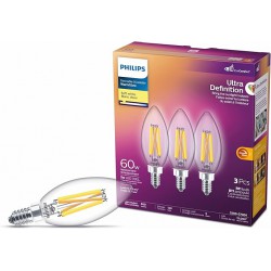 NEW Philips Ultra Definition LED 60W Chandelier CanBase Soft White Warm Glow Glass Clear 3-Pack LED Light Bulb